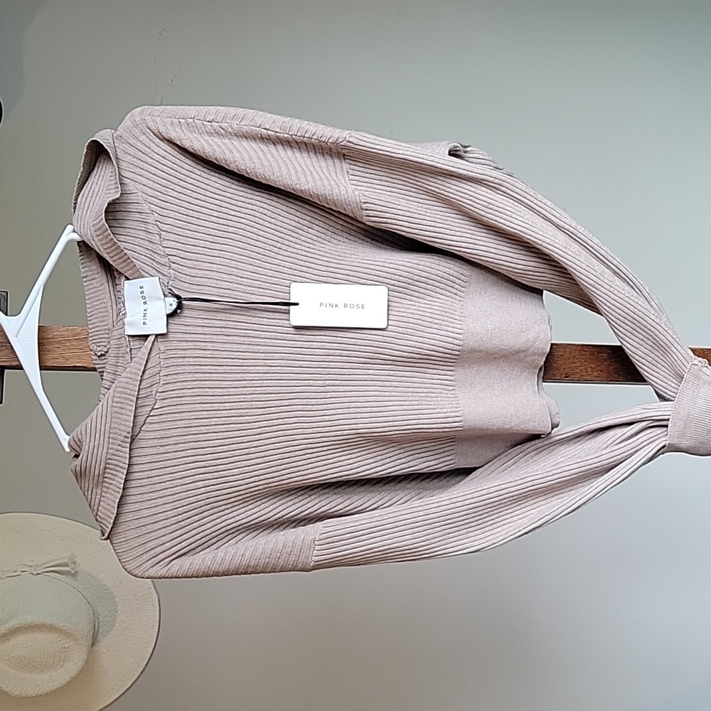 Pink Rose Rustic Mocha Cropped Ribbed Hoodie